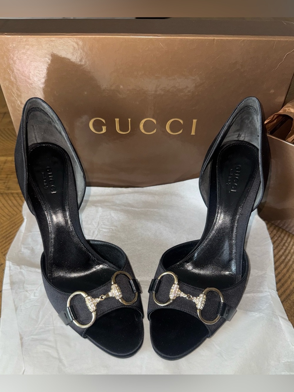 VINTAGE - Gucci Black Satin Crystal Horsebit D'Orsay Heels - size 6.5 - Picture 10 of 17